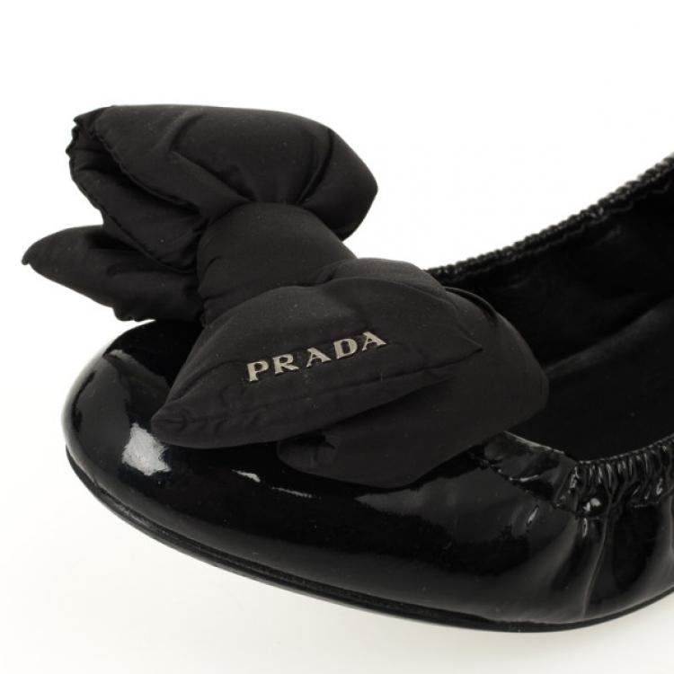 Pre Owned Prada Sport Black Patent Leather Bow Detail Ballet Flats Size 39.5