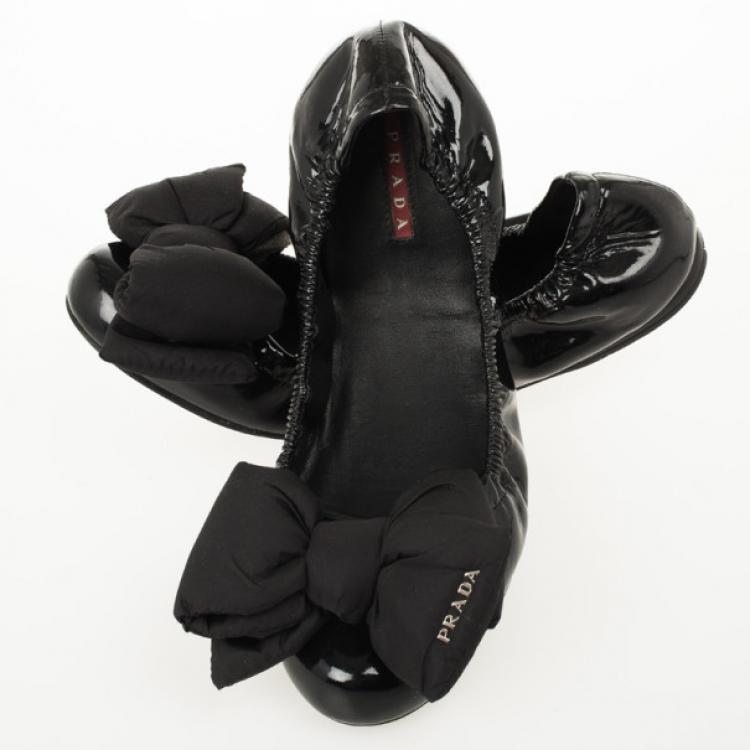 Pre Owned Prada Sport Black Patent Leather Bow Detail Ballet Flats Size 39.5