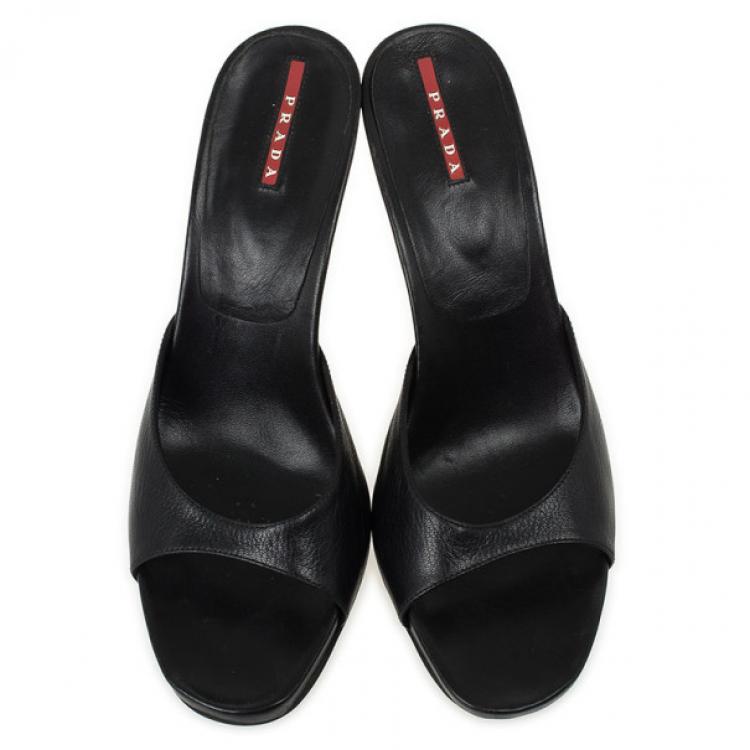 Pre Owned Prada Sport Black Leather High Heel Mules Size 41