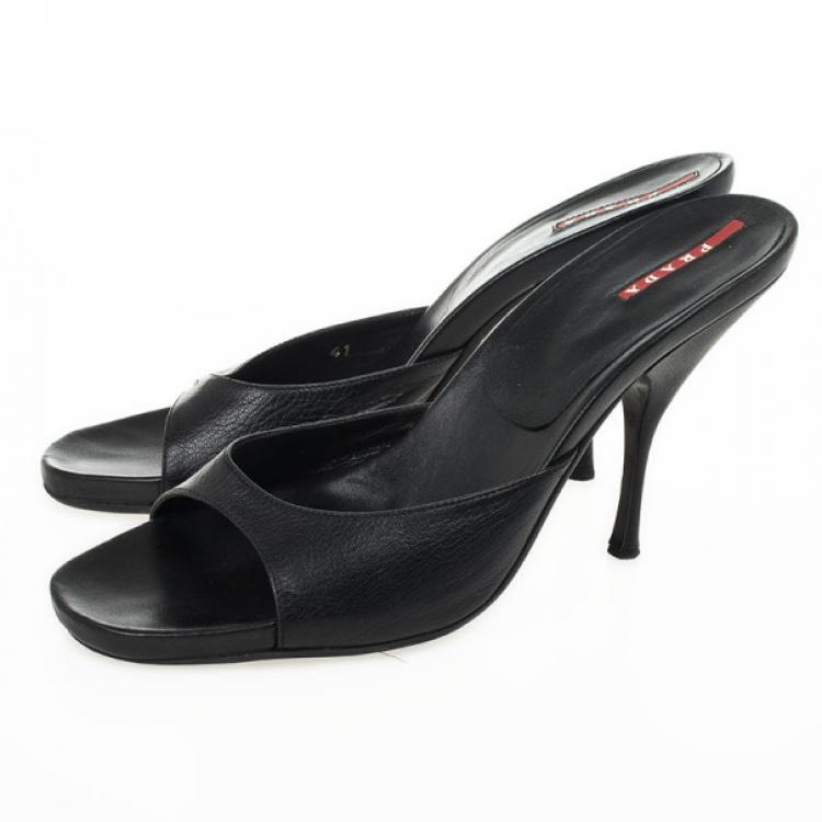 Pre Owned Prada Sport Black Leather High Heel Mules Size 41