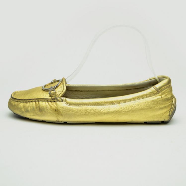 Pre Owned Prada Sport Gold Leather Loafers Size 37.5