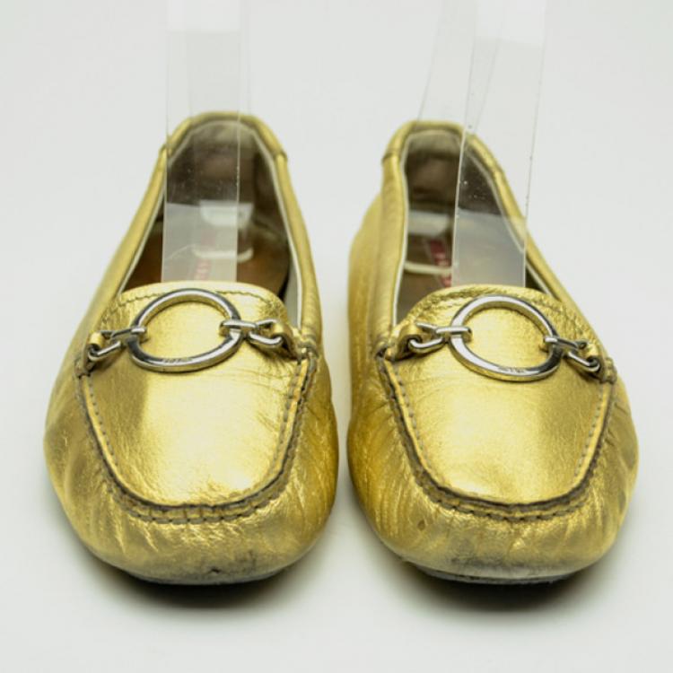 Pre Owned Prada Sport Gold Leather Loafers Size 37.5