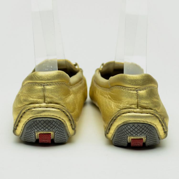 Pre Owned Prada Sport Gold Leather Loafers Size 37.5