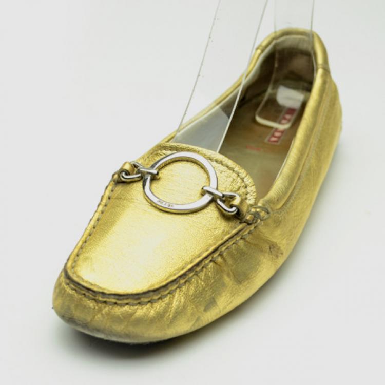 Pre Owned Prada Sport Gold Leather Loafers Size 37.5