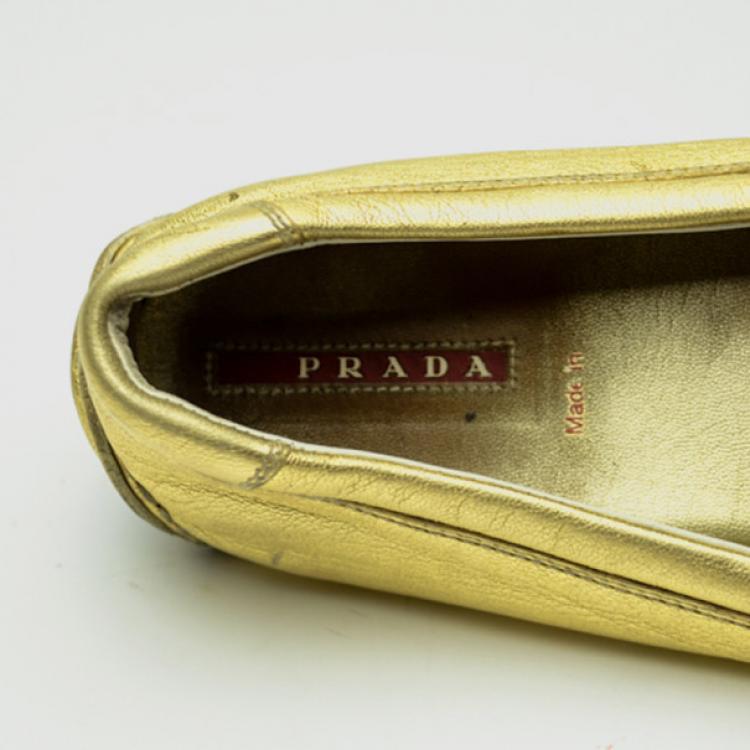 Pre Owned Prada Sport Gold Leather Loafers Size 37.5