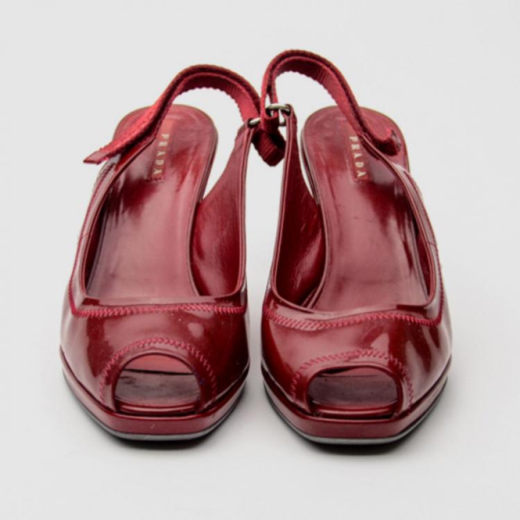 Pre Owned Prada Sport Red Patent Leather Slingback Wedges Size 38