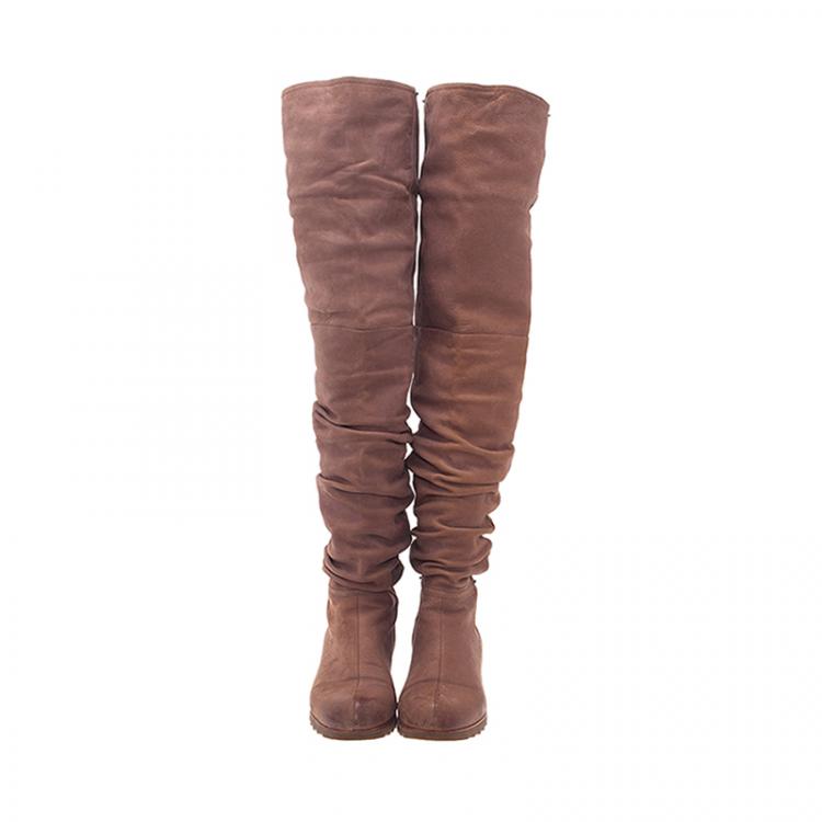 Pre Owned Prada Sport Brown Leather Slouched Over The Knee Boots Size 37