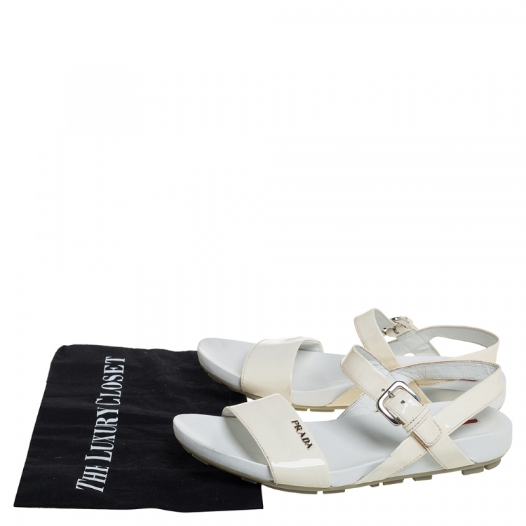 Pre Owned Prada Sport Cream Patent Leather Flat Ankle Strap Sandals Size 39