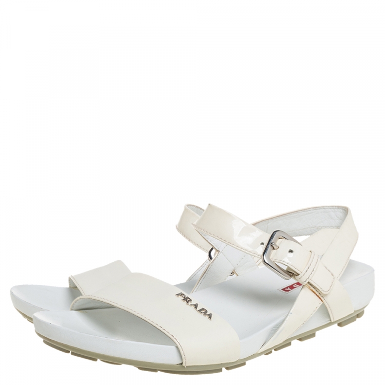 Pre Owned Prada Sport Cream Patent Leather Flat Ankle Strap Sandals Size 39