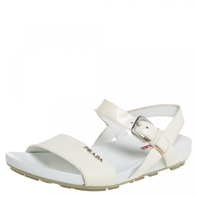 Pre Owned Prada Sport Cream Patent Leather Flat Ankle Strap Sandals Size 39