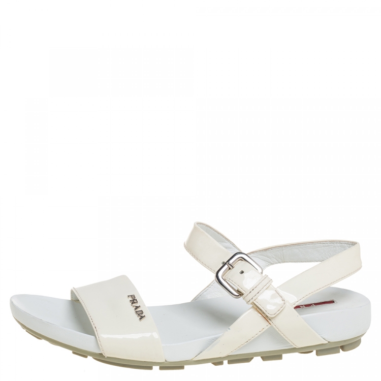 Pre Owned Prada Sport Cream Patent Leather Flat Ankle Strap Sandals Size 39