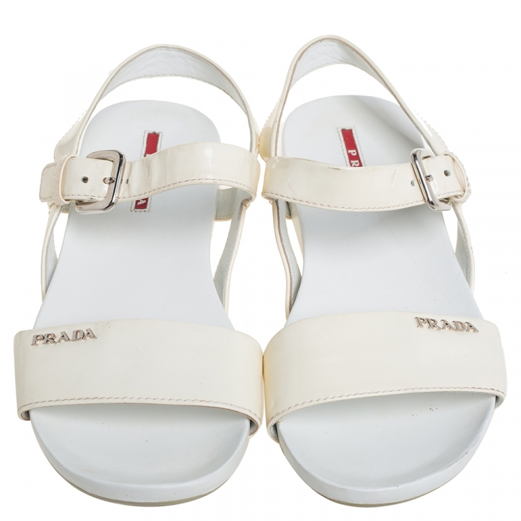Pre Owned Prada Sport Cream Patent Leather Flat Ankle Strap Sandals Size 39