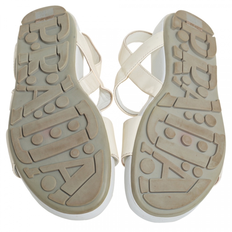 Pre Owned Prada Sport Cream Patent Leather Flat Ankle Strap Sandals Size 39