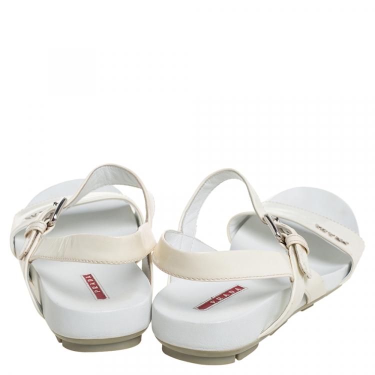 Pre Owned Prada Sport Cream Patent Leather Flat Ankle Strap Sandals Size 39