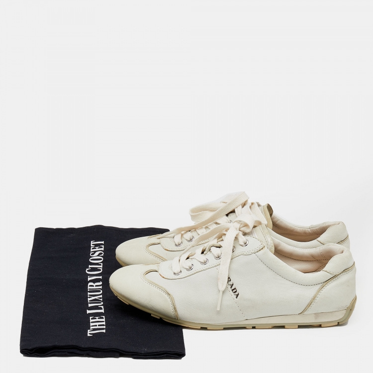 Pre Owned Prada Sport Ivory Leather Logo Low Top Sneakers Size 38