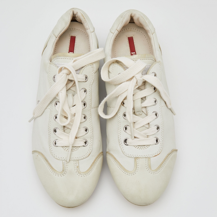 Pre Owned Prada Sport Ivory Leather Logo Low Top Sneakers Size 38