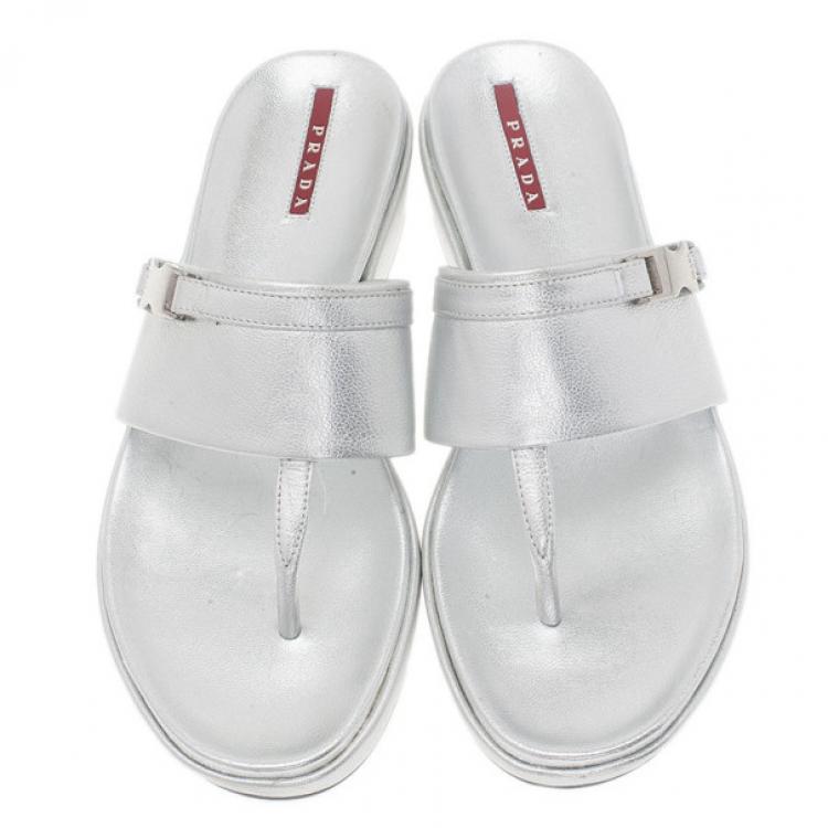 Pre Owned Prada Sport Silver Metallic Leather Thong Sandals Size 39