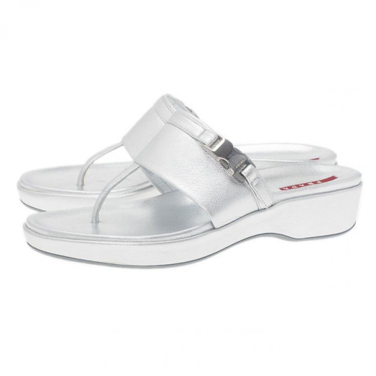 Pre Owned Prada Sport Silver Metallic Leather Thong Sandals Size 39