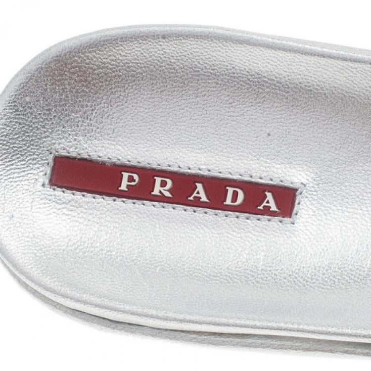 Pre Owned Prada Sport Silver Metallic Leather Thong Sandals Size 39