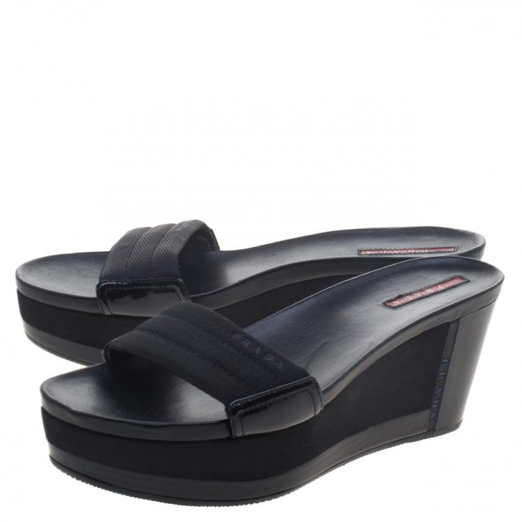 مملوكة مسبقًا Prada Sport Black Canvas and Leather Wedge Slides Size 39.5
