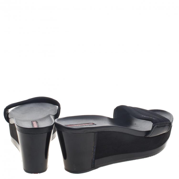 مملوكة مسبقًا Prada Sport Black Canvas and Leather Wedge Slides Size 39.5