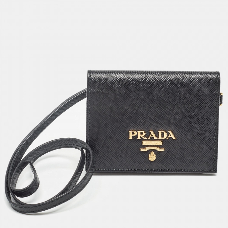 Pre Owned Prada Black Saffiano Leather Card Case Lanyard