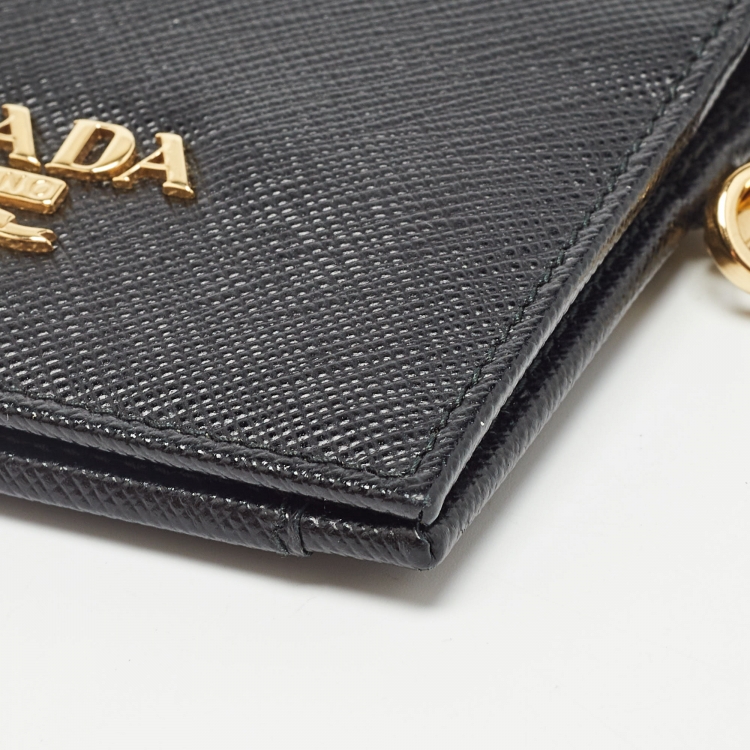 Pre Owned Prada Black Saffiano Leather Card Case Lanyard