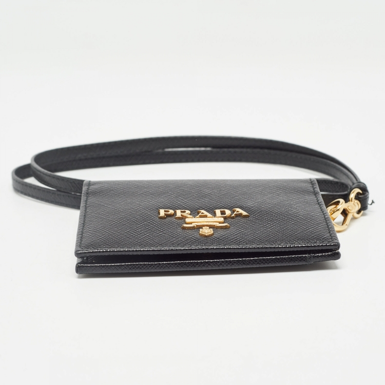 Pre Owned Prada Black Saffiano Leather Card Case Lanyard