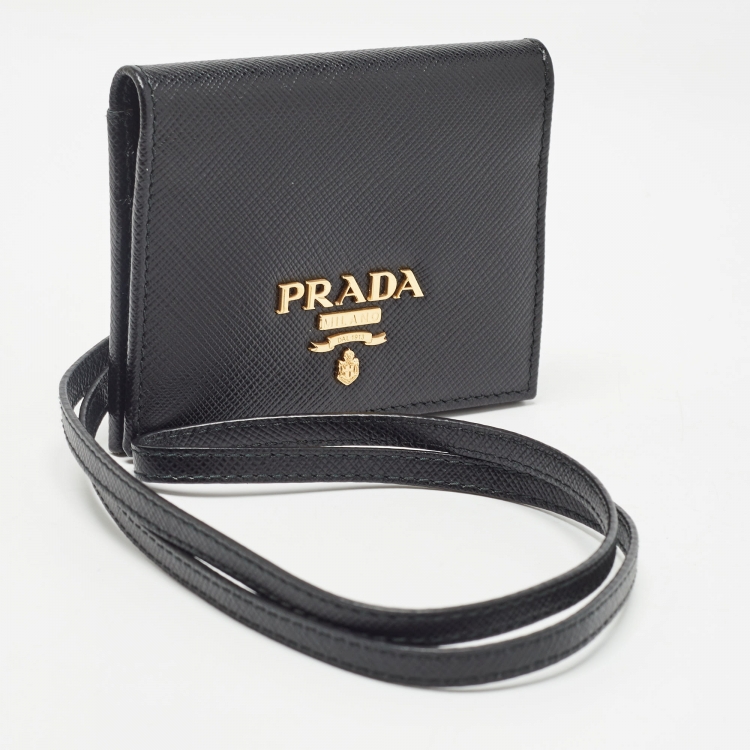 Pre Owned Prada Black Saffiano Leather Card Case Lanyard