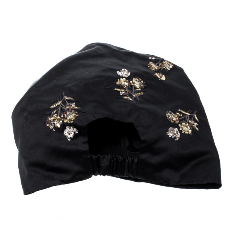 Pre Owned Prada Black Floral Sequin Embroidered Silk Turban