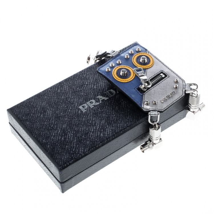 Pre Owned Prada Silver Saffiano Leather Robot Coin Purse Key Chain