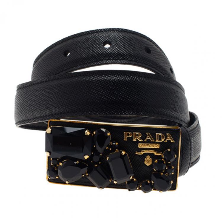 Pre Owned Prada Black Saffiano Studded Buckle Belt 75CM