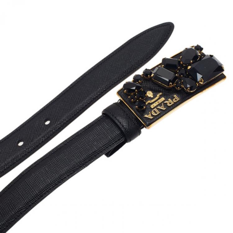 Pre Owned Prada Black Saffiano Studded Buckle Belt 75CM