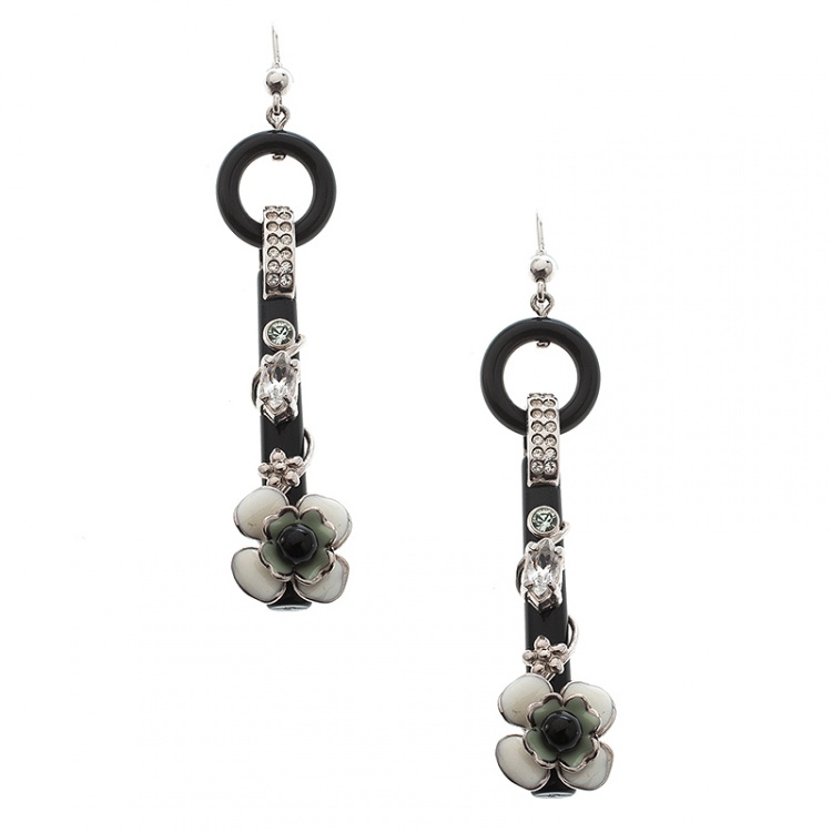 Pre Owned Prada Flower Power Black Plexiglas Crystal Floral Bedecked Long Link Earrings