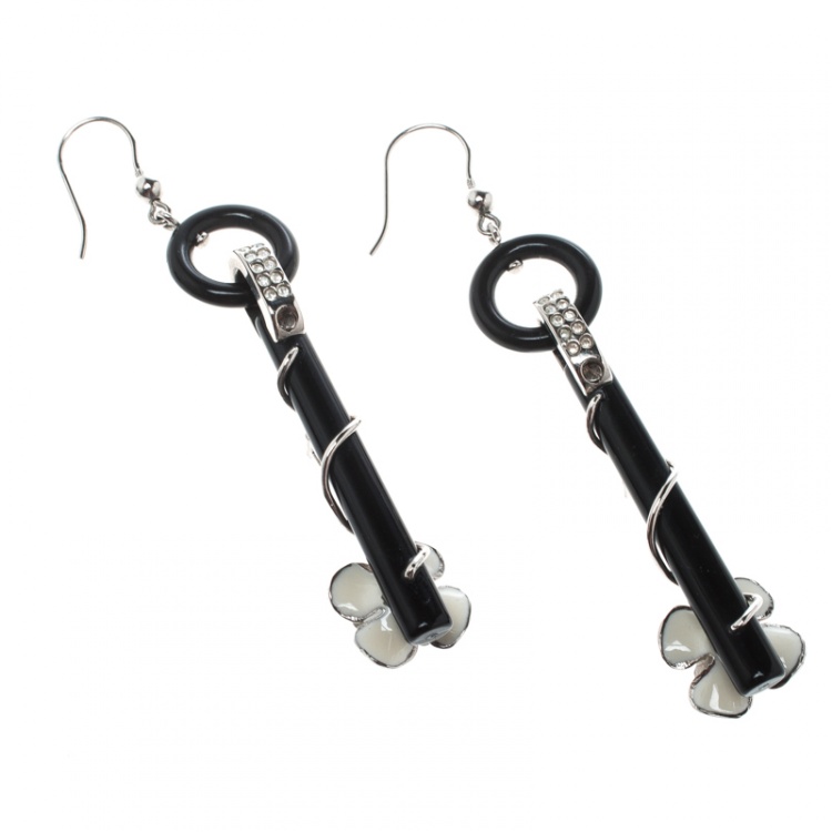 Pre Owned Prada Flower Power Black Plexiglas Crystal Floral Bedecked Long Link Earrings