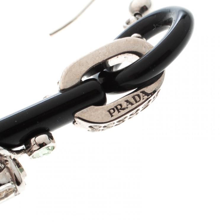 Pre Owned Prada Flower Power Black Plexiglas Crystal Floral Bedecked Long Link Earrings