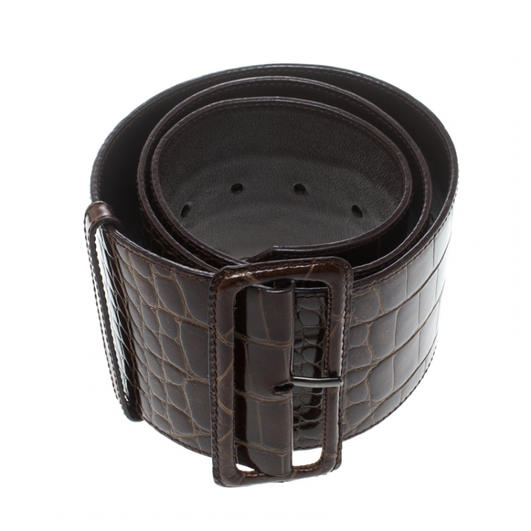 مملوكة مسبقًا Prada Brown Shine Alligator Wide Belt 85cm
