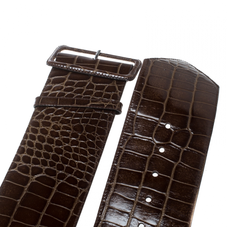 مملوكة مسبقًا Prada Brown Shine Alligator Wide Belt 85cm