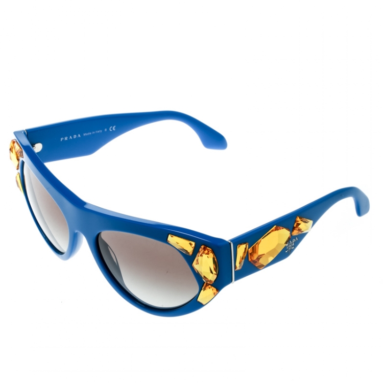 Pre Owned Prada Blue/Grey Gradient SPR 21Q Yellow Crystal Embellished Cat Eye Sunglasses