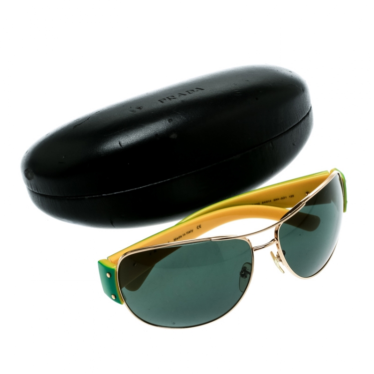 Pre Owned Prada Gold/Green SPR52G Aviator Sunglasses