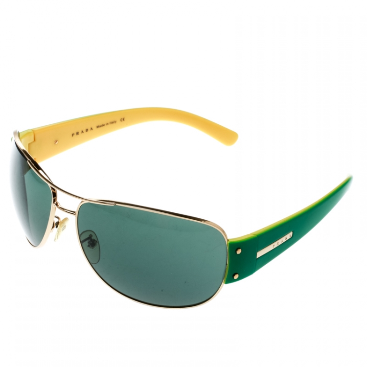 Pre Owned Prada Gold/Green SPR52G Aviator Sunglasses