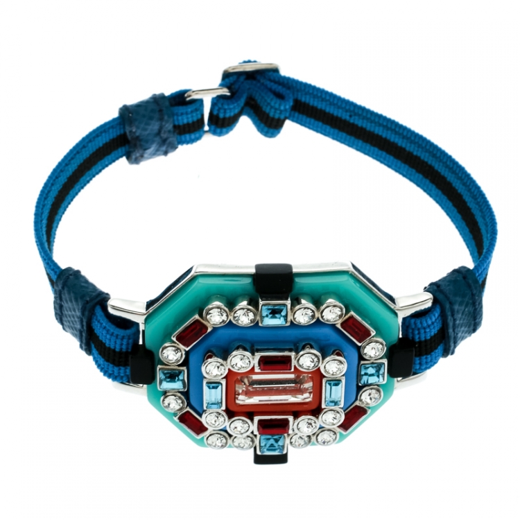 Pre Owned Prada Blue Crystal Embellished Adjustable Cord Bracelet