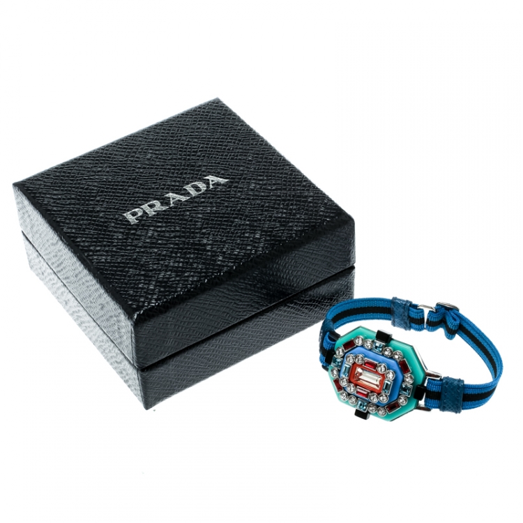Pre Owned Prada Blue Crystal Embellished Adjustable Cord Bracelet