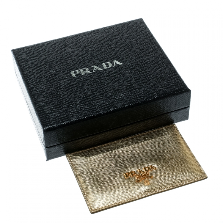 Pre Owned Prada Gold Saffiano Metal Leather Card Holder
