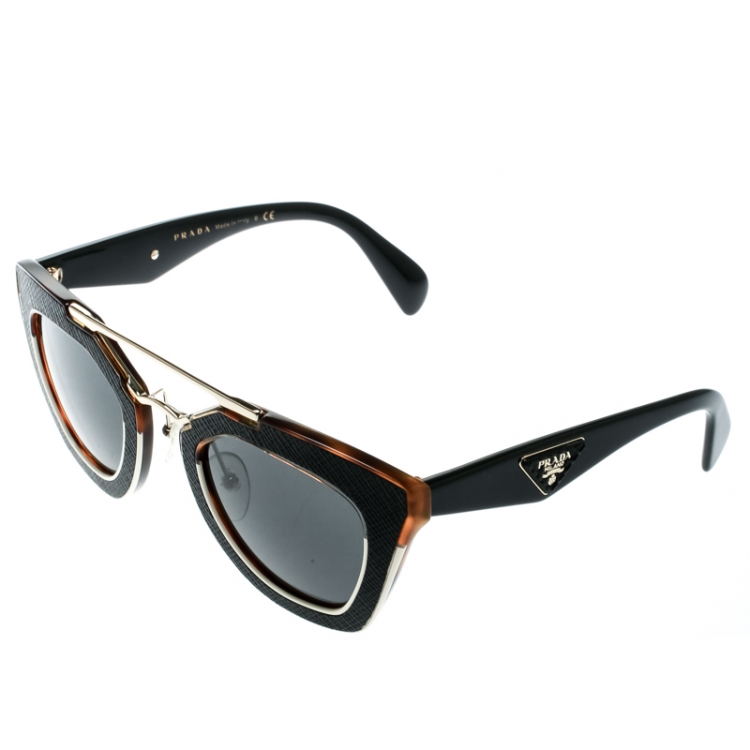 Pre Owned Prada Dark Brown/ Grey Leather Accent SPR14S Geometric Sunglasses