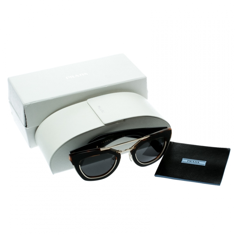 Pre Owned Prada Dark Brown/ Grey Leather Accent SPR14S Geometric Sunglasses