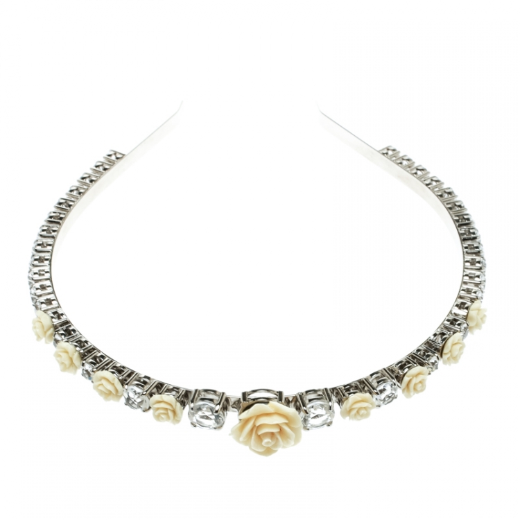 Pre Owned Prada Cream Resin Flower & Crystal Silver Tone Head Band 