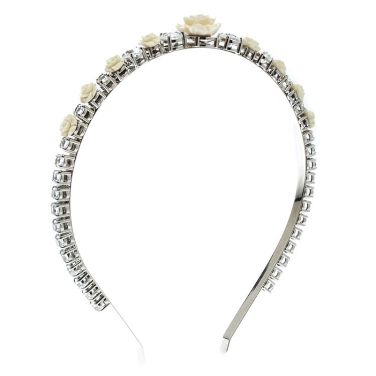 Pre Owned Prada Cream Resin Flower & Crystal Silver Tone Head Band 