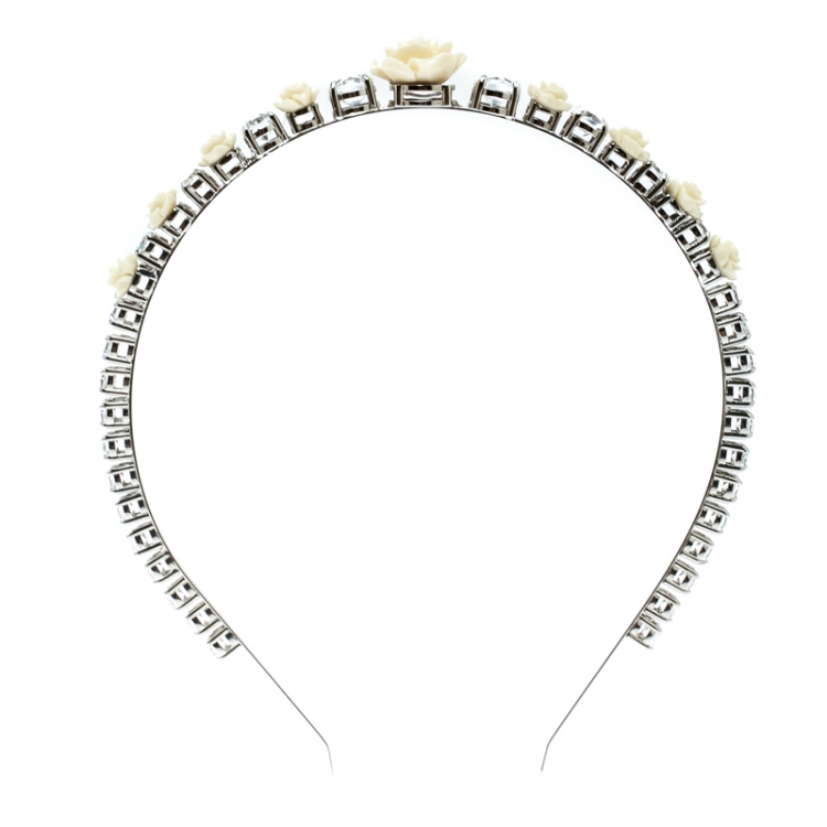 Pre Owned Prada Cream Resin Flower & Crystal Silver Tone Head Band 