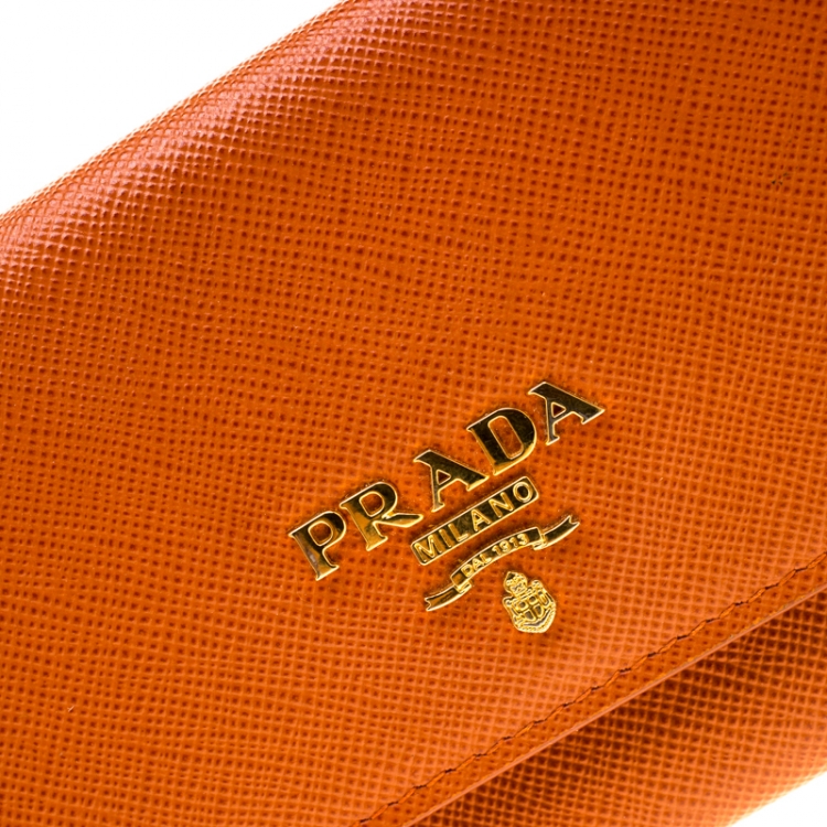 Pre Owned Prada Orange Saffiano Leather Cardholder Wallet